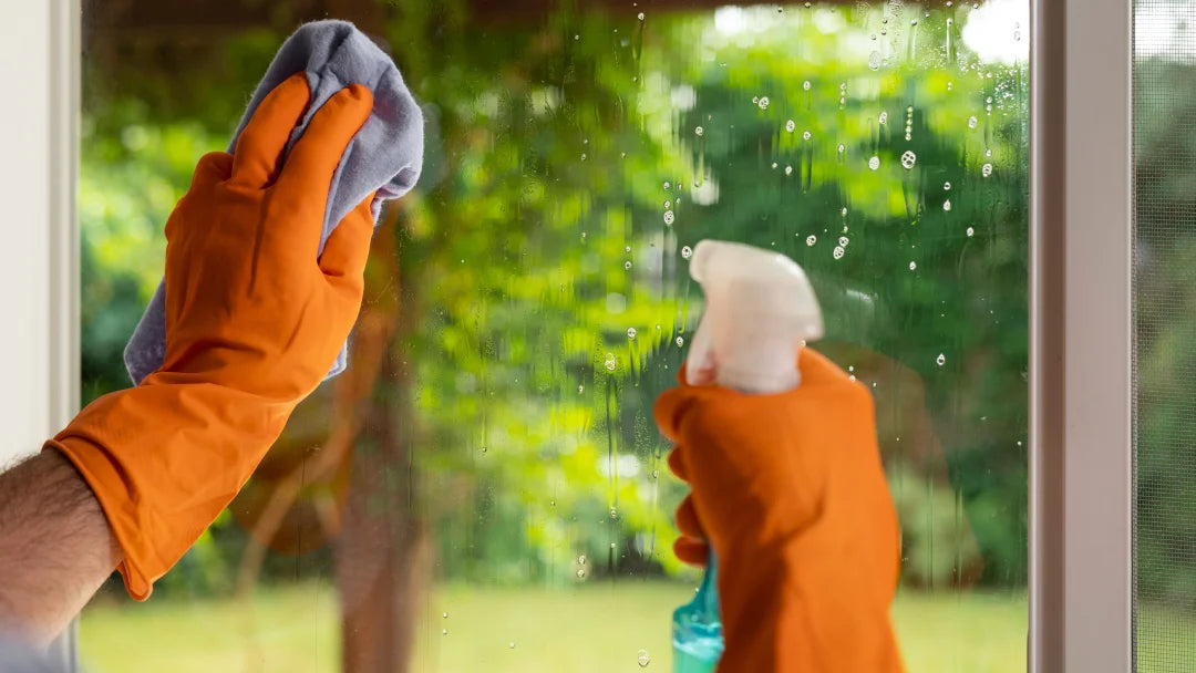 Une personne portant des gants orange nettoie une fenêtre avec un produit efficace pour laver les vitres.