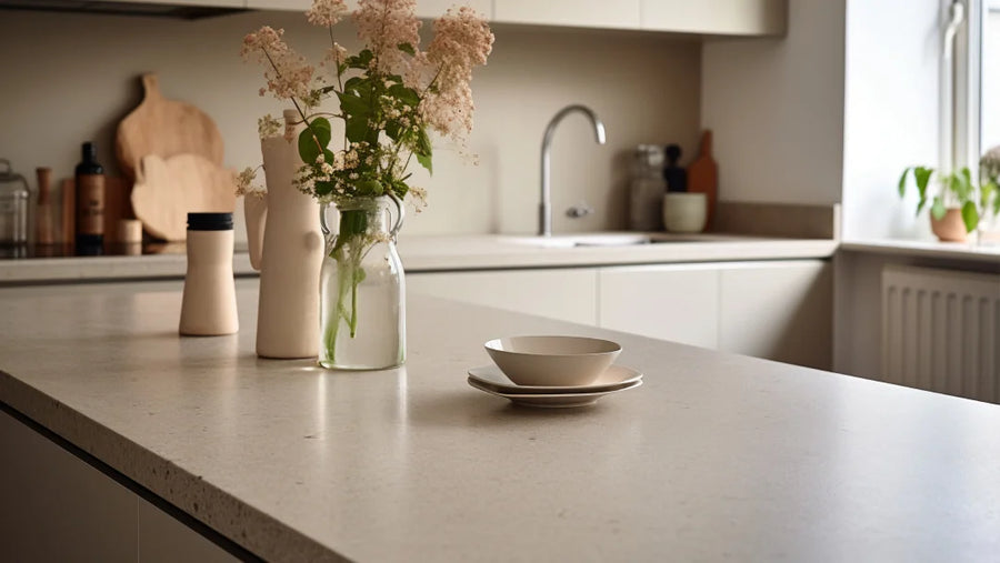 Un comptoir de cuisine avec un vase de fleurs colorées, mettant en valeur la protection nano céramique.